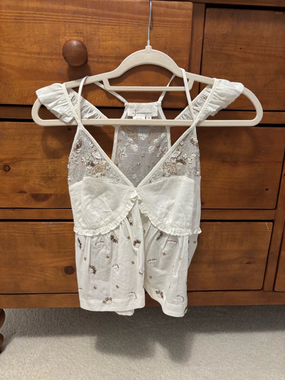 Anthropologie White Floral Lace-Trim Camisole